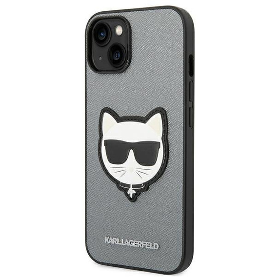 Karl Lagerfeld Case for iPhone 14 Plus, Saffiano Choupette Head Patch, silver