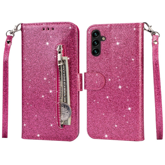 Flip case for Samsung Galaxy A35 5G, Wallet Zipper Pocket Glittery, pink