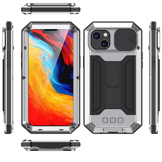 Case for iPhone 14, R-JUST CamShield Slide, armoured, silver / black