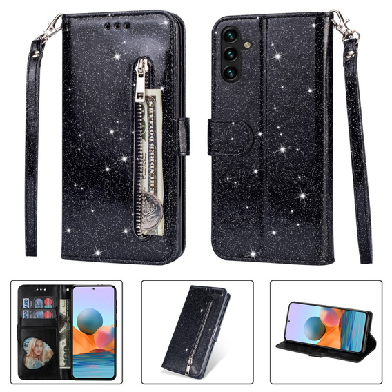 Flip case for Samsung Galaxy A35 5G, Wallet Zipper Pocket Glittery, black