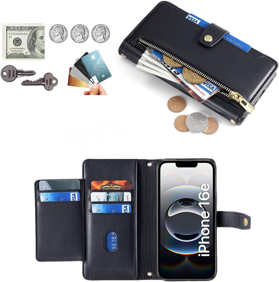 Flip case for iPhone 16E, Wallet Zipper Pocket, black