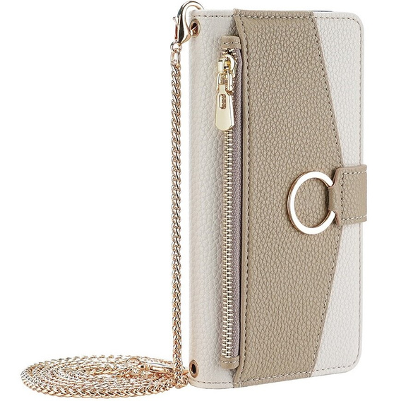 Flip case for iPhone 15 Pro Max, Wallet Zipper Pocket, with mirror, white
