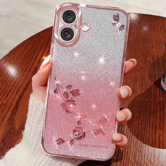 Case for iPhone 16 Plus, Glitter Flower, pink rose gold