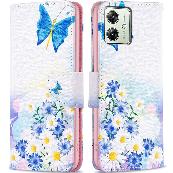 Flip case for Motorola Moto G54 5G, Wallet, butterfly and flowers, white