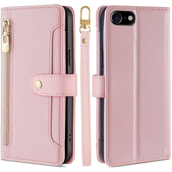 Flip case for iPhone 16E, Wallet Zipper Pocket, pink
