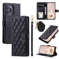 Flip case for iPhone 16 Pro, Rhombus Crossbody Leather, black