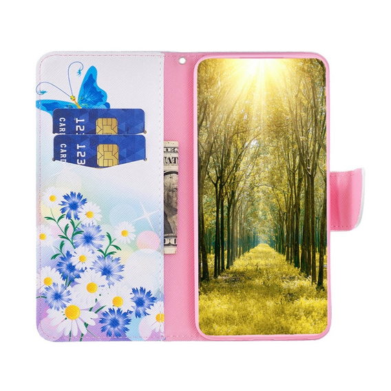 Flip case for Samsung Galaxy M34, Wallet, butterfly & flowers, white