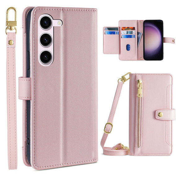 Flip case for Samsung Galaxy S23, Wallet Zipper Pocket, pink