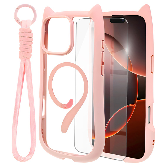 Case for iPhone 16 Pro Max, for MagSafe, Cute Cat, pink + Screen Glass