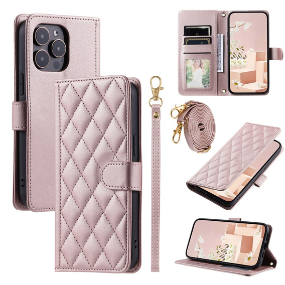 Flip case for iPhone 16 Pro Max, Rhombus Crossbody Leather, pink rose gold