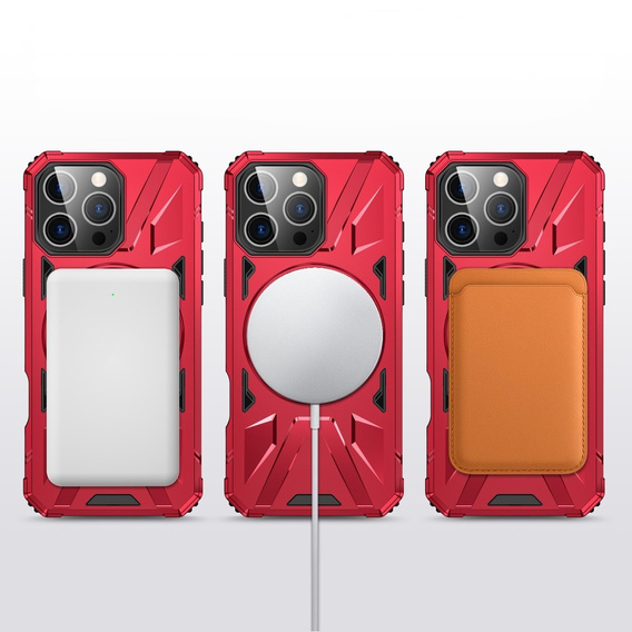 Case for iPhone 16 Pro, armored with stand and handle plate, red