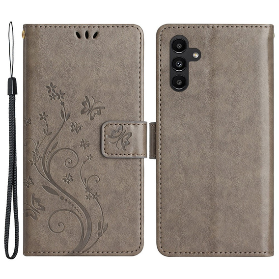Flip case for Samsung Galaxy A25 5G, Butterfly, grey + 9H glass