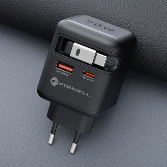 GaN mains charger with USB-C, USB-A and retractable USB-C cable, 70 W