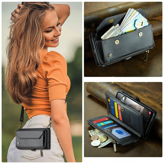 Case CASEME for Samsung Galaxy A56 5G, RFID Leather Wallet, with shoulder strap, black