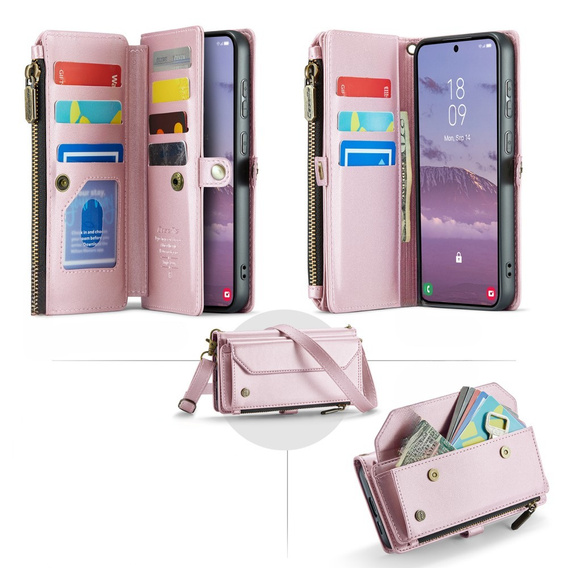 Case CASEME for Samsung Galaxy S24 FE, RFID Leather Wallet, with shoulder strap, pink