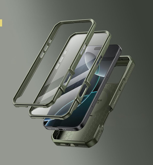 Armored case for iPhone 16 Pro Max, Dexnor CamProtect MagSafe, green (Two frames)