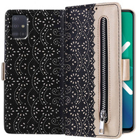 Flip case for Samsung Galaxy A51, Wallet Pocket Zipper Lace, black