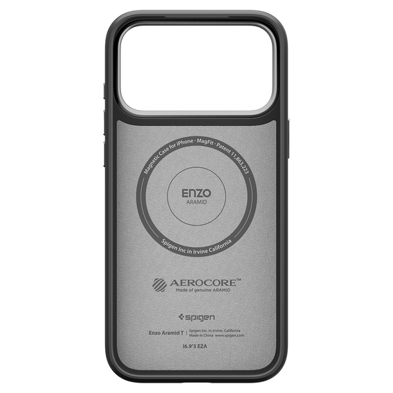 Spigen Enzo Aramid MagSafe case for iPhone 17 Pro, carbon black / silver