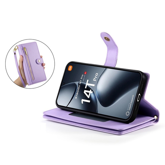 Flip case for Xiaomi 14T Pro, Wallet Zipper Pocket, purple