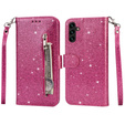 Flip case for Samsung Galaxy A55, Wallet Zipper Pocket Glittery, pink