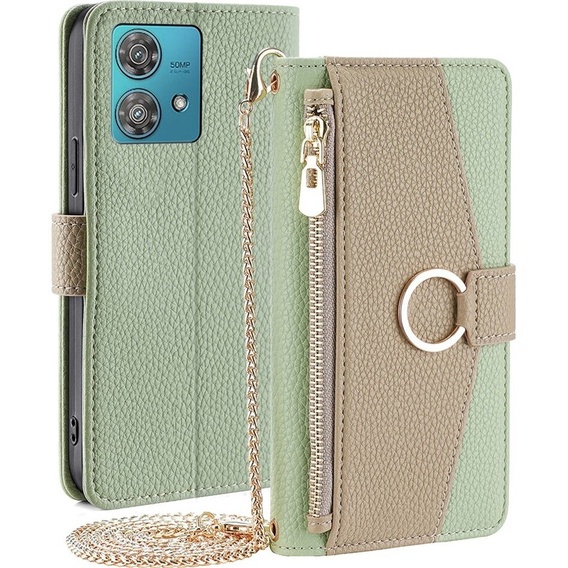 Flip case for Motorola Edge 40 Neo 5G, Wallet Zipper Pocket, with mirror, green