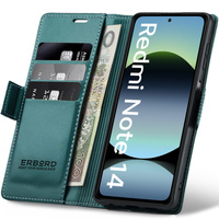 Case for Xiaomi Redmi Note 14 5G, ERBORD Glossy Litchi, wallet with flap, green