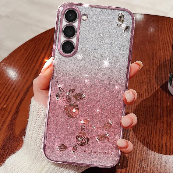 Case for Samsung Galaxy S23, Glitter Flower, pink rose gold