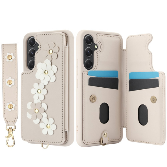 Case for Samsung Galaxy S23 FE, Leather Flower Card Slot, beige