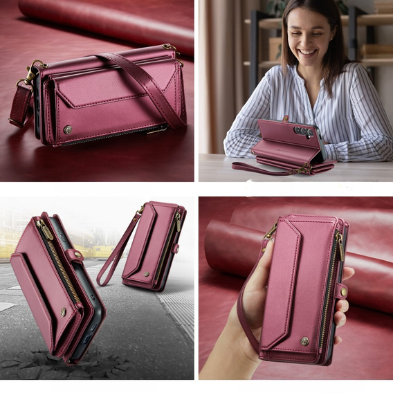 Case CASEME for Samsung Galaxy S24 FE, RFID Leather Wallet, with shoulder strap, red