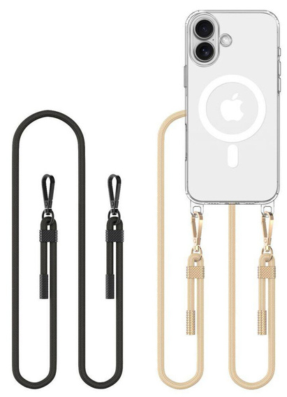 Case with lanyard for iPhone 16, ERBORD MagSafe, transparent + Glass for screen