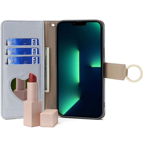 Flip case for iPhone 15 Pro, Wallet Zipper Pocket, with mirror, blue