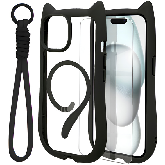 Case for iPhone 15, for MagSafe, Cute Cat, black + Screen Glass