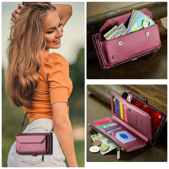 Case CASEME for Samsung Galaxy S25 FE, RFID Leather Wallet, with shoulder strap, red