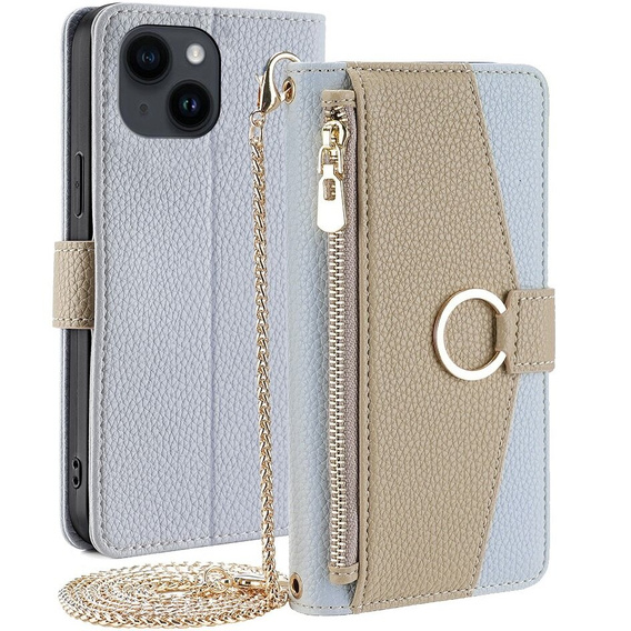 Flip case for iPhone 15, Wallet Zipper Pocket, with mirror, blue