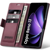 Case for Oppo Reno 13, ERBORD Glossy Litchi, wallet with flap, red