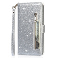 Flip case for Samsung Galaxy A35 5G, Wallet Zipper Pocket Glittery, silver