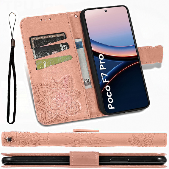 Flip case for Xiaomi Poco F7 Pro, Butterfly, pink rose gold