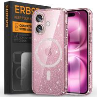 Case for iPhone 16, ERBORD Glitter MagSafe, pink + Screen Glass