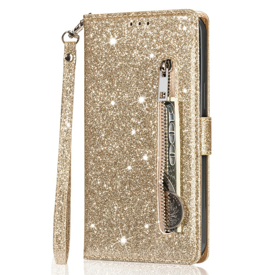 Flip case for Samsung Galaxy A35 5G, Wallet Zipper Pocket Glittery, gold