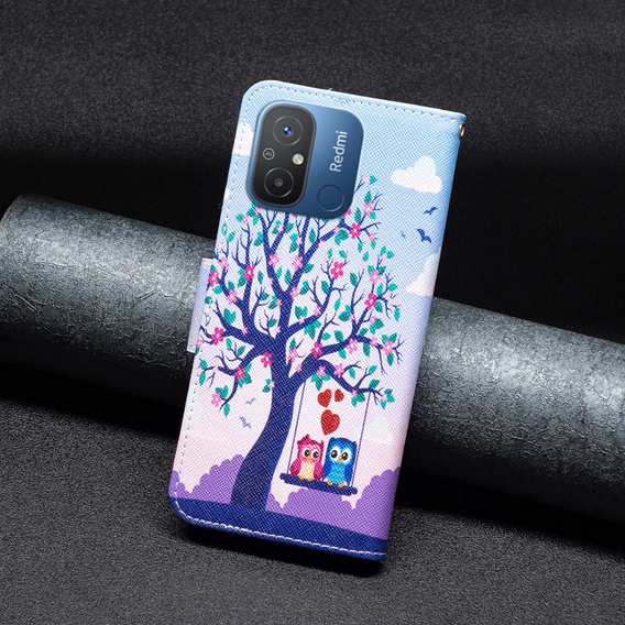Flip case for Xiaomi Redmi 12C, Wallet, tree & owls, blue