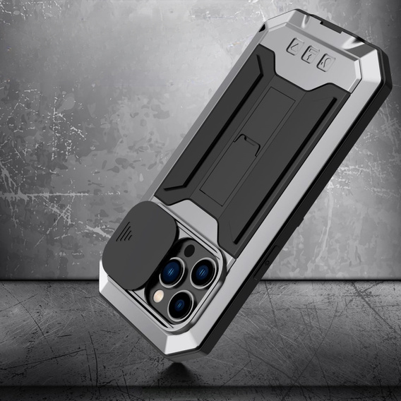 Case for iPhone 14 Pro, R-JUST CamShield Slide, armoured, silver / black