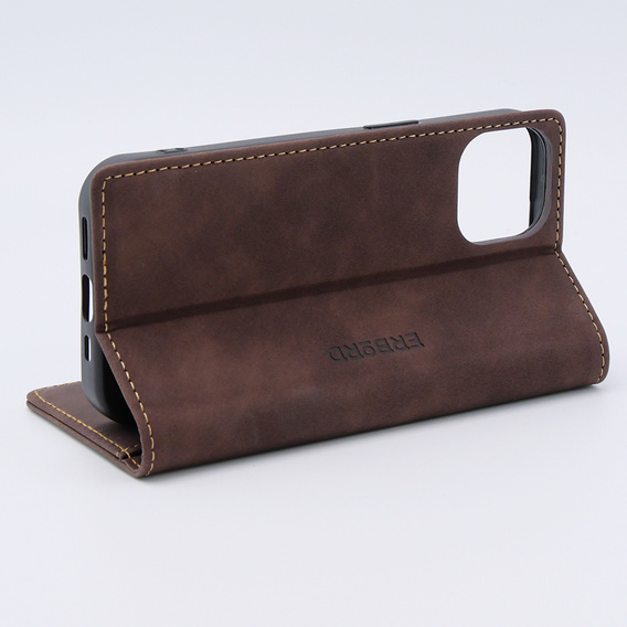 Case for iPhone 15, ERBORD Vintage, wallet with flap, coffee