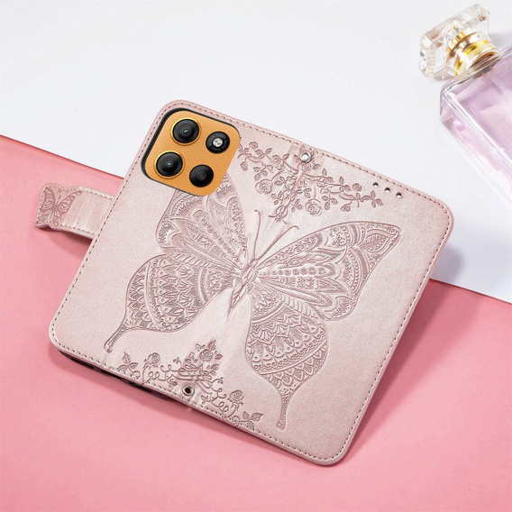 Flip case for Motorola Moto G15 / Motorola Moto G15 Power, Butterfly, pink rose gold