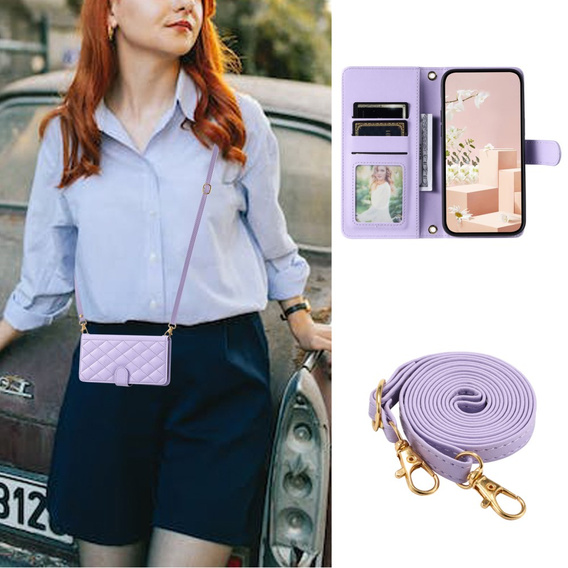 Flip case for iPhone 16 Plus, Rhombus Crossbody Leather, purple
