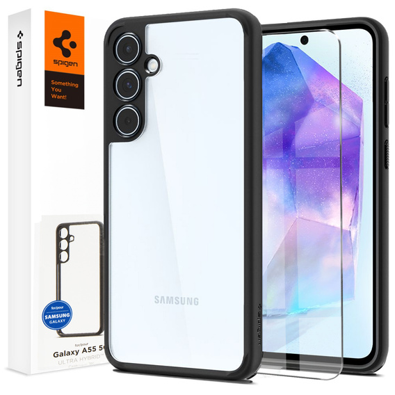 Spigen case for Samsung Galaxy A55 5G, Ultra Hybrid, black + 9H Tempered Glass