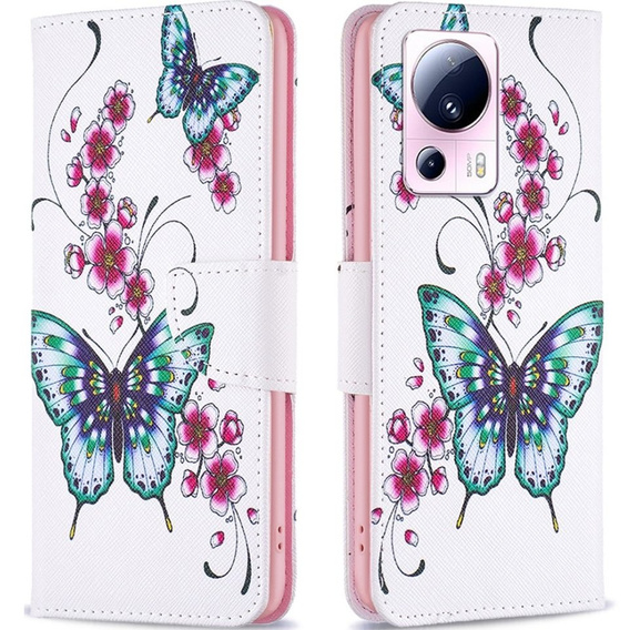 Flip case for Xiaomi 13 Lite, Wallet, butterfly & flowers, white