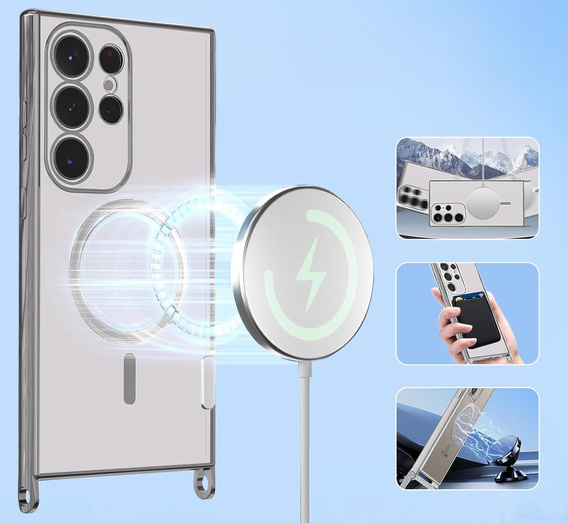 Case for Samsung Galaxy S25 Ultra, Electro MagSafe, silver + Lanyard
