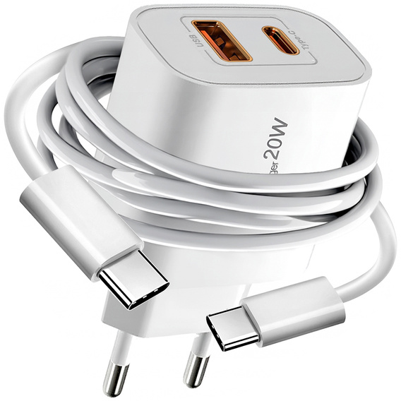 XO CE12 Power charger, USB-C, 20W + USB-C - Lightning cable, White