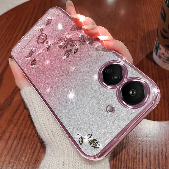 Case for Xiaomi Redmi 13C / Poco C65, Glitter Flower, pink rose gold