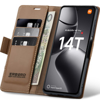 Case for Xiaomi 14T Pro, ERBORD Glossy Litchi, wallet with flap, brown